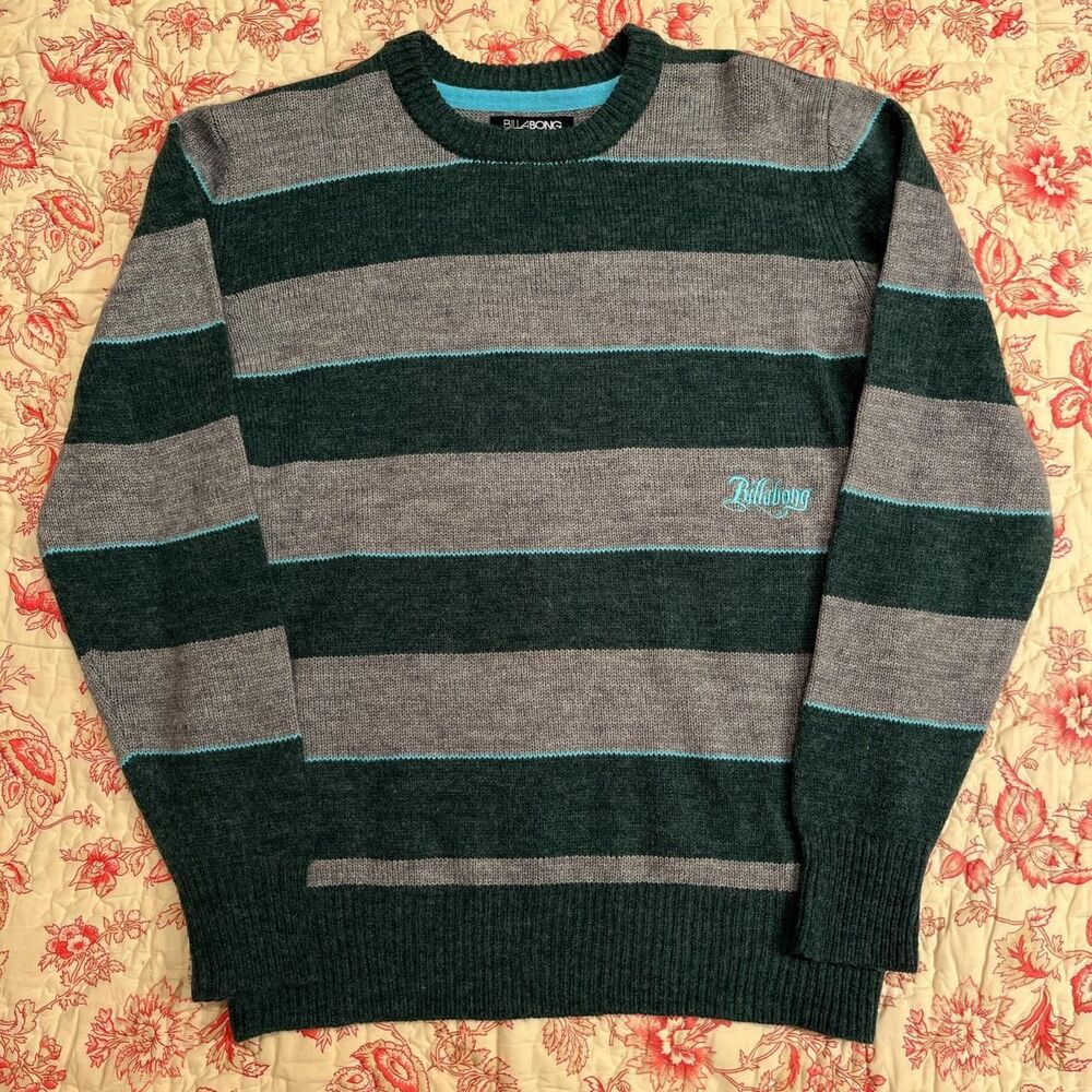 Billabong Dark Green baby blue and Grey striped Woven soft knit Sweater